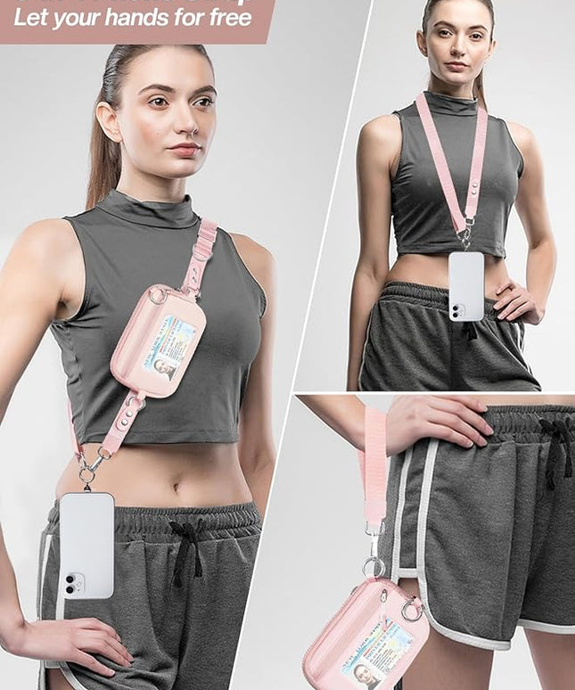 Clip and Go Strap for Phone with Wallet Crossbody Phone Lanyard Adjustable and Detachable RFID Wristlet Wallet with ID Window and Zipper, Pink