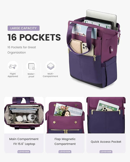 LOVEVOOK Laptop Backpack for Women, 17.7 Inch Work Laptop Bag with USB Port, Fashion Teacher Nurse Backpack Purse, Waterproof Travel Computer Backpack with Organizer Bag, 2pcs, Blue-Purple