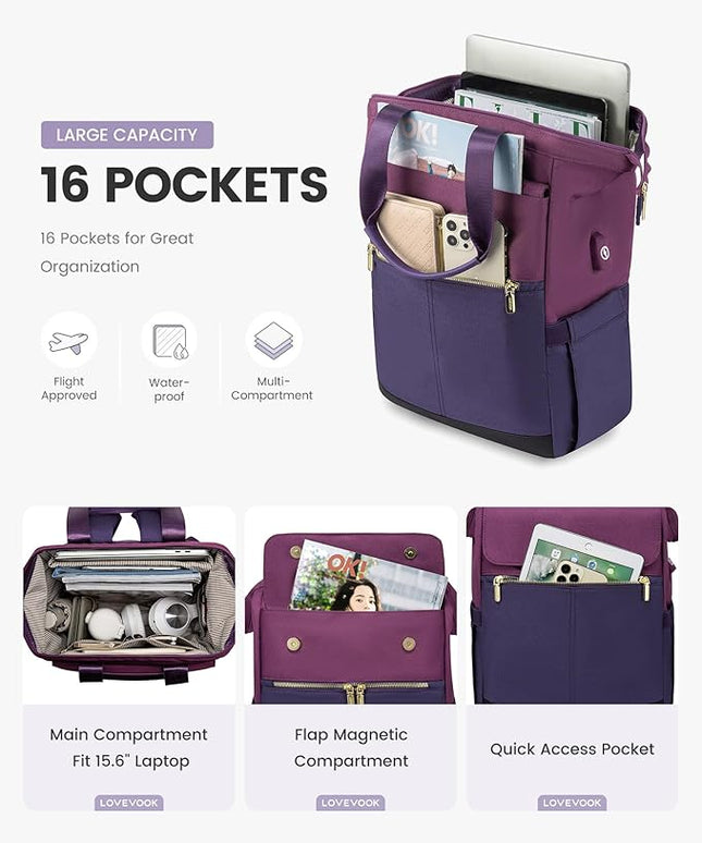 LOVEVOOK Laptop Backpack for Women, 17.7 Inch Work Laptop Bag with USB Port, Fashion Teacher Nurse Backpack Purse, Waterproof Travel Computer Backpack with Organizer Bag, 2pcs, Blue-Purple