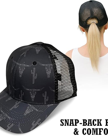 Western Trucker Charcoal Bull Cactus Baseball Cap Outdoor Punchy Mesh Snap Back with Adjustable Fit for Country Wear