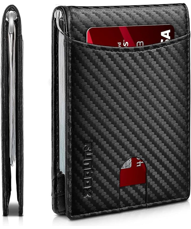 RUNBOX Slim Wallet for Men Genuine Leather RFID Blocking Bifold Minimalist Front Pocket Mens Wallet with Money Clip Thin Gift Box