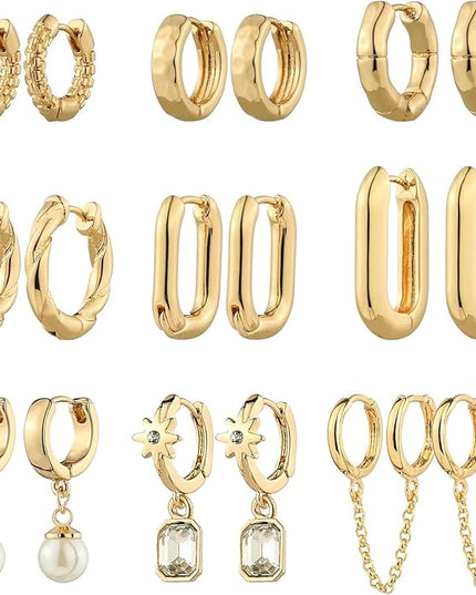 9 Pairs Gold Chunky Hoop Earrings Set for Women, 14K Gold Plated Twisted Huggie Hoop Earring Hypoallergenic, Lightweight Thick Open Hoops Earrings Jewelry Gifts.