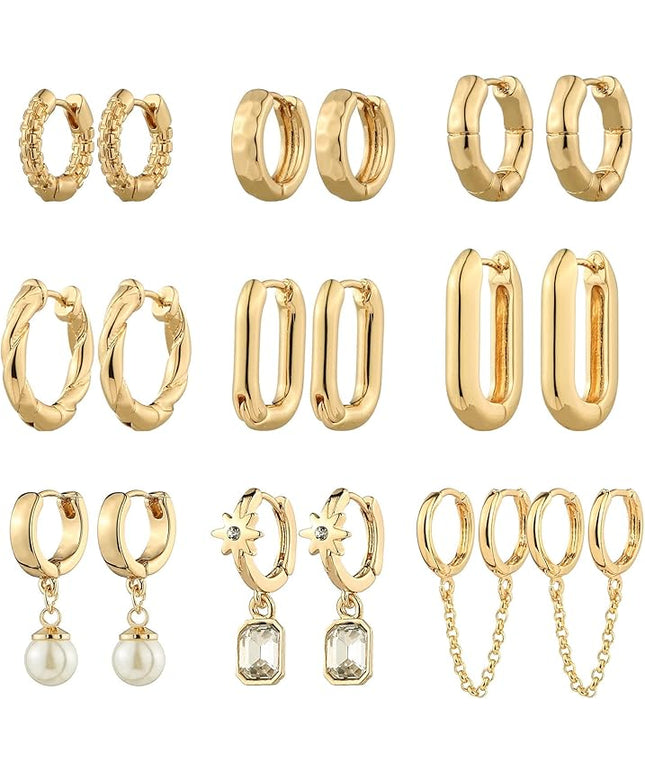 9 Pairs Gold Chunky Hoop Earrings Set for Women, 14K Gold Plated Twisted Huggie Hoop Earring Hypoallergenic, Lightweight Thick Open Hoops Earrings Jewelry Gifts.