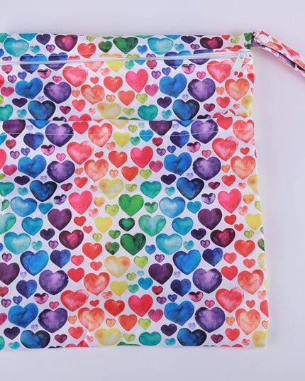 Wet Dry Bag Baby Cloth Diaper Nappy Reusable Washable Two Pockets (Rainbow Hearts)