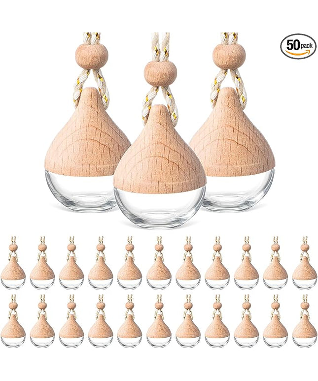 BBTO 50 Pcs Hanging Car Air Freshener Car Diffuser Bottles Empty Glass Perfume Bottle Freshener Diffuser Bottle Pendant for Essential Oil Fragrance Aromatherapy Bottle Ornament(Water Drop)