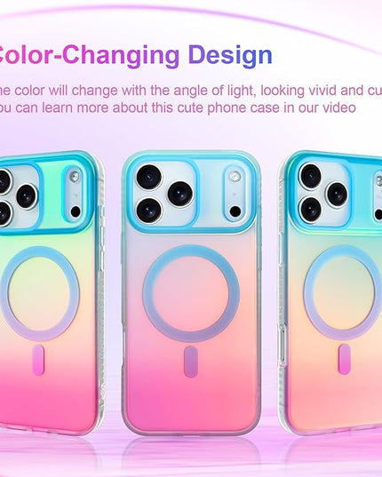 Aesthetic Case for iPhone 17 Pro Max Case for Women Girls [Compatible with Magsafe] Cute Girly Trendy Glitter Sparkly Rainbow Magnetic Protective Phone Cover, Matte Iridescent Blue & Pink