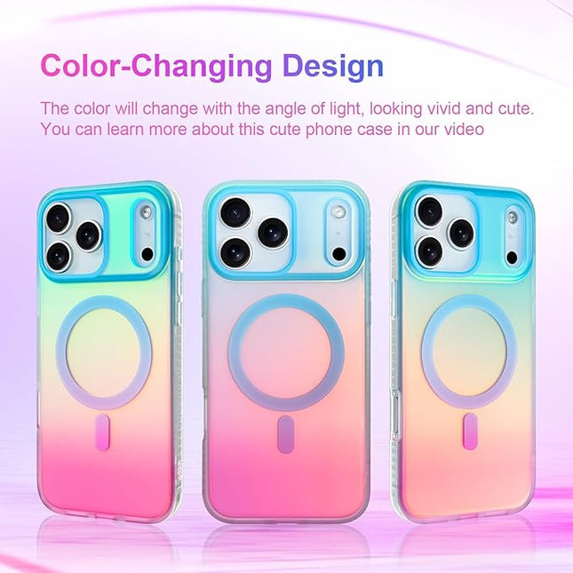 Aesthetic Case for iPhone 17 Pro Case for Women Girls [Compatible with Magsafe] Cute Girly Trendy Glitter Sparkly Rainbow Magnetic Protective Phone Cover, Matte Iridescent Blue & Pink