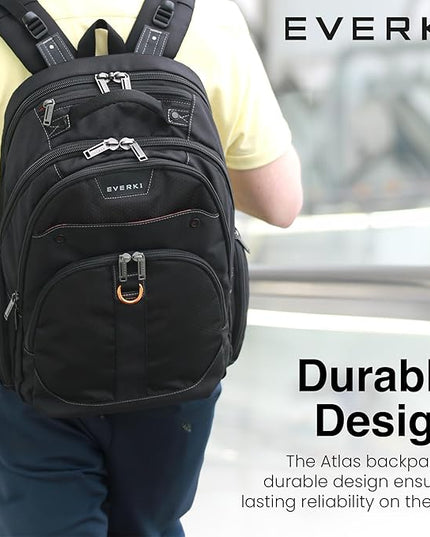 EVERKI 32L Atlas Business Laptop Backpack – Adjustable Compartment for Work, Travel-Friendly Business & Office Backpack for Men & Women, College, Durable Computer Bag, Fits 13"-17.3", Black