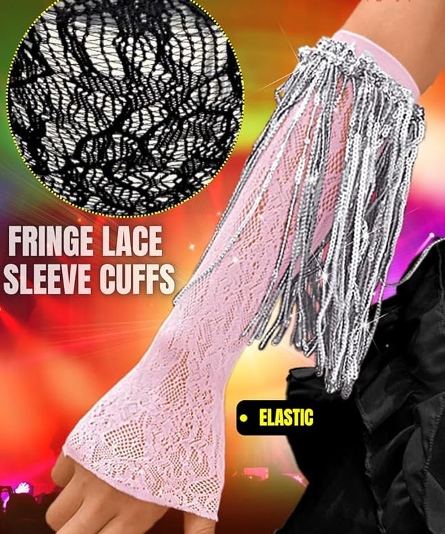 Sequin Fringe Gloves,Fingerless Lace Arm Sleeves For Women,Sparkly Rave Party Costume Fits US 0-8