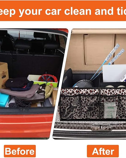 Trunk Organizer, Collapsible Trunk Organizers and Storage, Car Accessories for Women and Men, Multi-Compartment Trunk Storage Organizer for SUV, Car, Mini-Van, Leopard Print