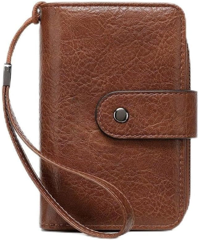Genuine Leather Women's Wallet with Large Capacity Double Zip Around Design RFID Blocking Credit Card Holder and Wristlet Purse Black (Brown)
