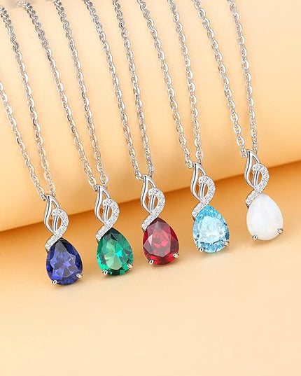 FANCIME 14K Solid White Gold Teardrop Pendant with Diamond Birthstone Necklace