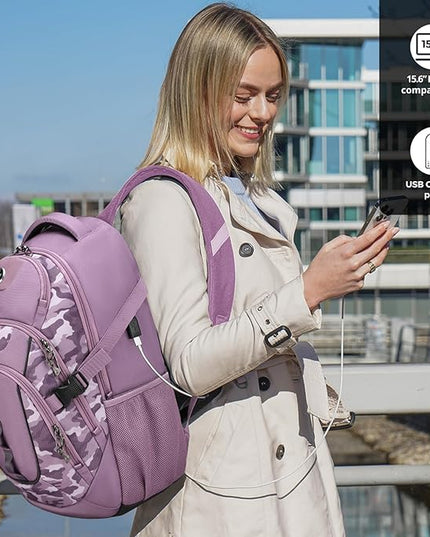 Swissdigital Design Laptop Backpack with USB Charging Port, Travel Backpack Fits 15.6 inches Computer, 31L College School Backpack for Men, Pink Camo | SD803-93