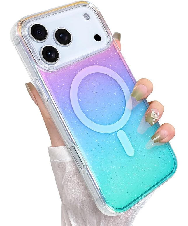 Glitter Case for iPhone 17 Pro Case for Women Girls [ Compatible with Magsafe ] Clear Cute Girly Aesthetic Gradient Rainbow Sparkly Bling Magnetic Phone Cover, Iridescent Colors