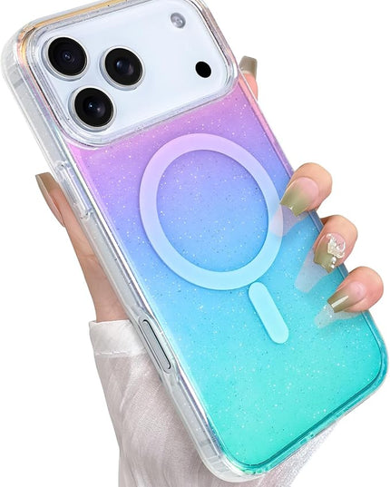 Glitter Case for iPhone 17 Pro Max Case for Women Girls [ Compatible with Magsafe ] Clear Cute Girly Aesthetic Gradient Rainbow Sparkly Bling Magnetic Phone Cover, Iridescent Colors