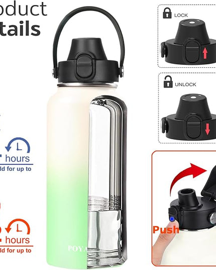 Water Bottle Insulated 32oz 40oz 64oz 128oz Straw Lid Spout Lid & 3 Lids, Leak Proof, Vacuum Insulated,Stainless Steel Water Bottle Wide Mouth for Sports, Gym or Office