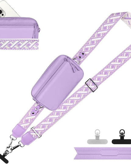 Clip and Go Strap for Phone with Wallet Crossbody, Adjustable Phone Lanyard with Detachable RFID Wristlet Wallet, Pattern Strap - Purple (L)