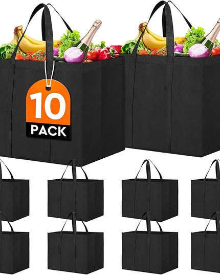 WISELIFE Reusable Grocery Shopping Bags 10 Pack Large Foldable Tote Bags Bulk, with Long Handle for Shopping Groceries Clothes (Black)