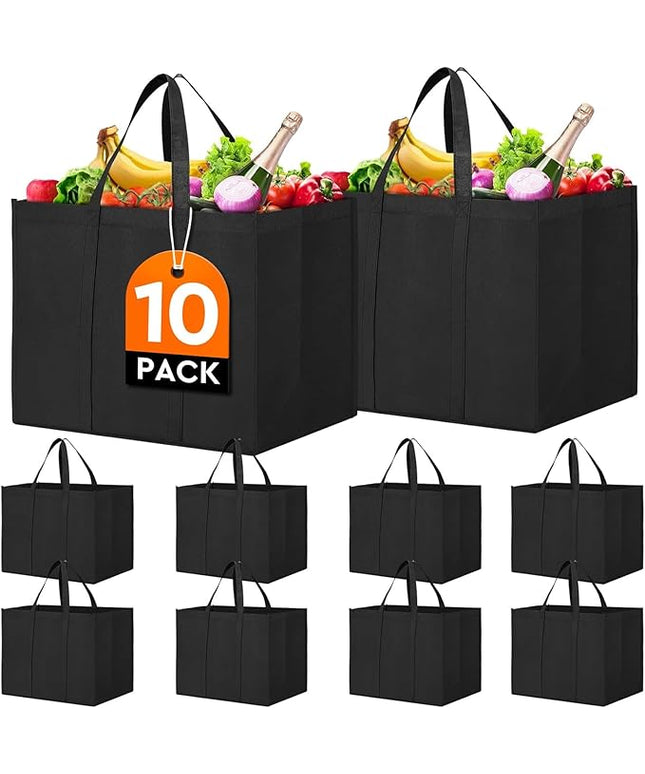 WISELIFE Reusable Grocery Shopping Bags 10 Pack Large Foldable Tote Bags Bulk, with Long Handle for Shopping Groceries Clothes (Black)