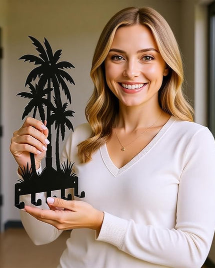 useNumber Black Metal Key Holder for Wall,Coconut Trees Key Hooks Wall Mount Whith 5 Hooks,Tropical Style Key Hanger Wall Decor for Front Door,Hallway,Entryway,Office