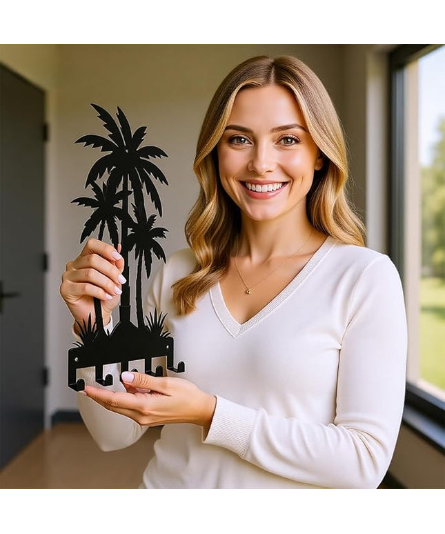 useNumber Black Metal Key Holder for Wall,Coconut Trees Key Hooks Wall Mount Whith 5 Hooks,Tropical Style Key Hanger Wall Decor for Front Door,Hallway,Entryway,Office
