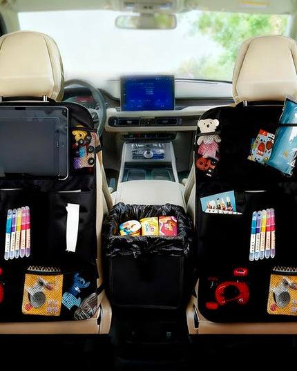 2 Pcs Large Size Car Backseat Organizer with 1 Pcs Trash Garbage Bag, Clear Screen Tablet Holder and 9 Storage Pockets,Foldable Seat Back Protectors for Toys Drinks Book ,Travel Accessories (Black)