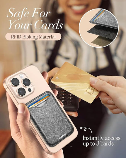 Shorogyt Compatible with Magsafe Wallet Magnetic Card Holder - Glitter Grey Phone Wallets for Women Teen Girls Fashion for iPhone 17/16/15/14/13/12 Series Slim for Apple Mag RFID Magnet, Fit 3 Cards