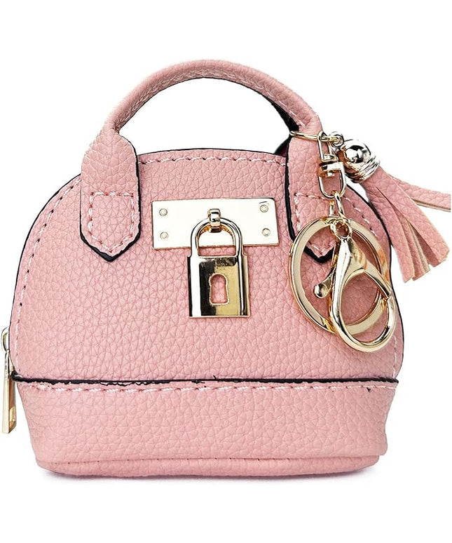 Cute Genuine Leather Keychain Coin Purse for Women with Tassels Mini Change Pouch Brown (Pink)