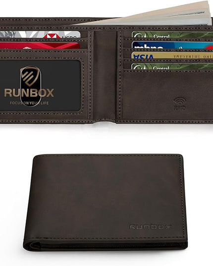 RUNBOX Wallet for Men Slim Leather Bifold RFID Blocking Minimalist Front Pocket Design with Gift Box