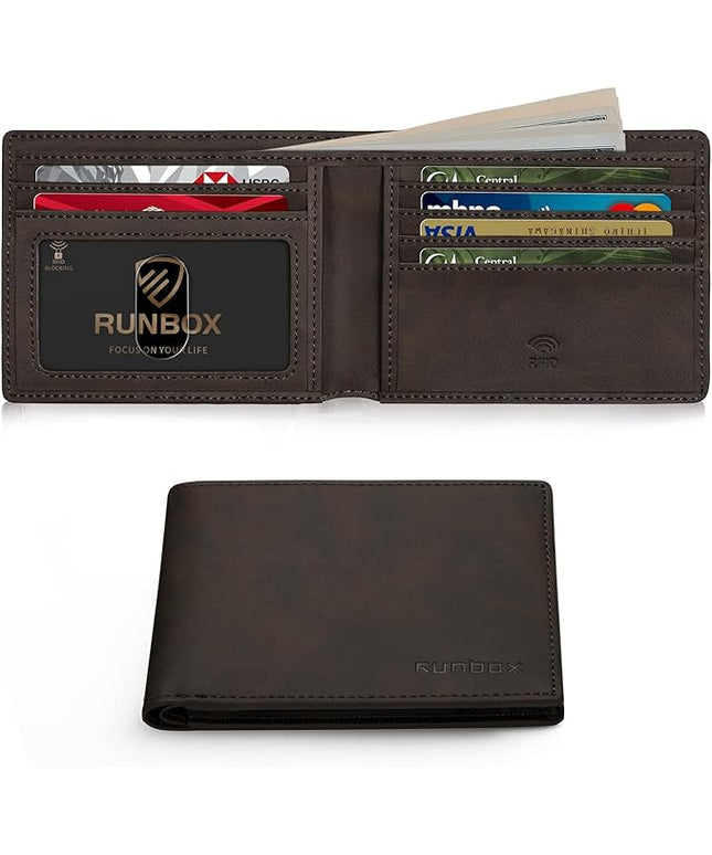RUNBOX Wallet for Men Slim Leather Bifold RFID Blocking Minimalist Front Pocket Design with Gift Box