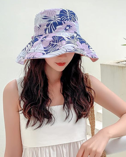 HUAMULAN Women Summer Sun Hat Wide Brim Wired Edge Floral Beach Bucket Hats Reversible Foldable Travel UV Protection Lady Hat