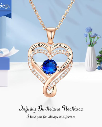Infinity Love Heart Birthstone Necklace for Women Wife, S925 Sterling Silver Anniversary for Women Wife Birthday Gift for Her Girlfriend Mom Daughters, I Love You Women's Jewelry 18k Rose Gold Filled