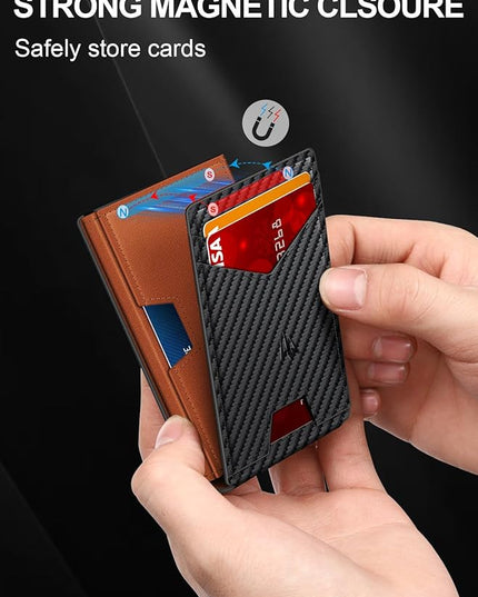 Ruiici Wallet for Men, Slim Minimalist Wallet with Money Clip＆ID Window, RFID Blocking Pop-Up Credit Card Holder, Smart Auminum Mens Wallet Holds 9-13 Cards (Gift Box) (Carbon Fiber & Orange)