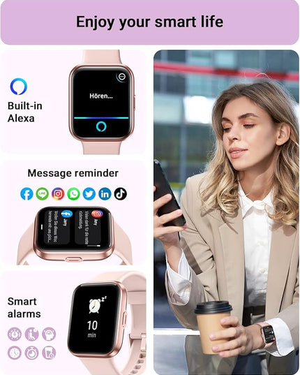 Tensky Smart Watch for Women Android & iPhone, Alexa Built-in, 1.8" Touch Screen Fitness Tracker with Answer/Make Calls, 3ATM Waterproof Heart Rate/Sleep/SpO2 Monitor, Pedometer, 100+ Sport Modes