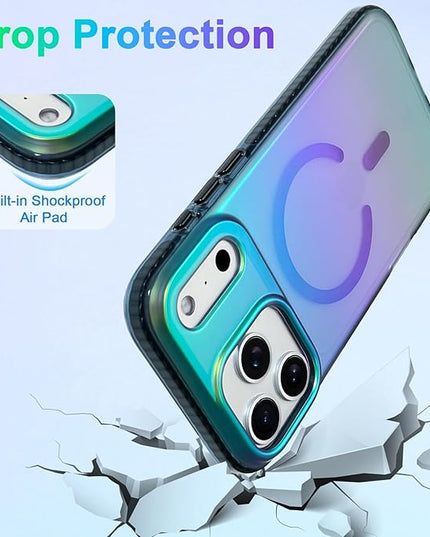 Aesthetic Case for iPhone 17 Pro Max Case for Women Girls [Compatible with Magsafe] Cute Girly Trendy Glitter Sparkly Rainbow Magnetic Protective Phone Cover, Matte Iridescent Blue & Green