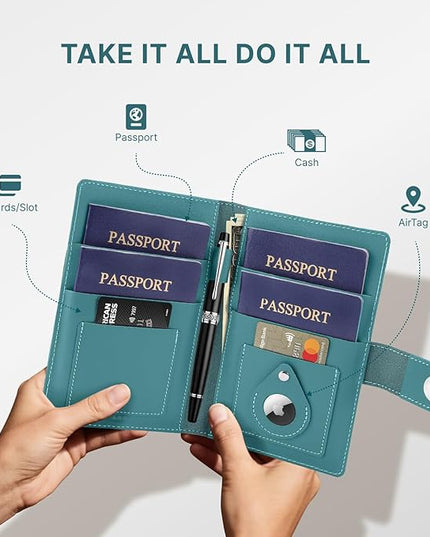 ALLIVE Family Passport Holder for Women & Men, RFID Blocking Passport Wallet with AirTag Slot, Genuine Leather Passport Cover Family Travel Gift & Airport Essentials (Lake Blue)