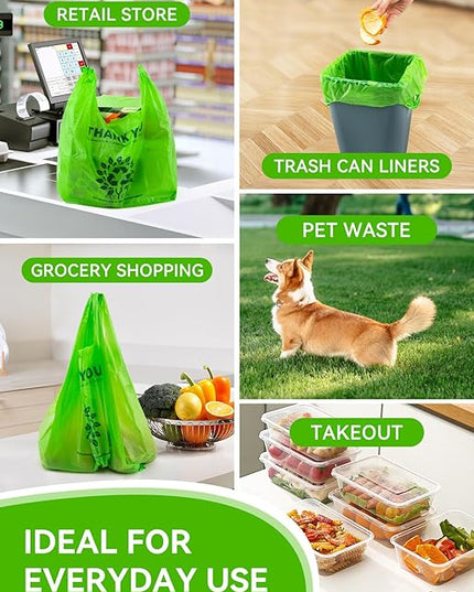 [100 per box] | Recyclable Compostable Reusable Biodegradable Plastic T-Shirt Bags | Grocery Shopping Bags | Green Eco Plastic Bags (100 per Pack) | T-Shirt Carryout Bags 100 count Restaurant Quality, Durable, Reusable and Econ Friendly | Measures 11. ...