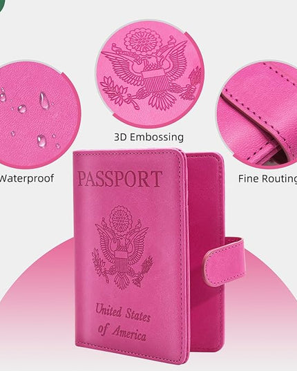 2 Pack Passport Holder for Travel with Luggage Tag Cover – RFID Blocking Passport Wallet Holder for Women & Men | PU Leather Passport Case with Money Pocket & Magnetic Clasp, Blac & Pink
