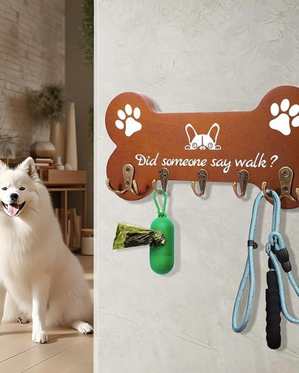 LAOKETON Bone Shape Dog Leash Hangers for Wall - Coat Rack with 5 Key Hooks, Perfect for Dog Lovers, Ideal for Entryway, Door and Bedroom Decor. 11.8'' x 5.9''(Brown)