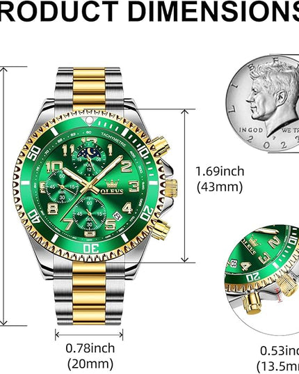 OLEVS Mens Watches Chronograph Watch Luxury Dress Stainless Steel Waterproof Watches for Men Moon Phase Luminous Business Calendar Wrist Watch Blue/Black/Green/Gold/Face