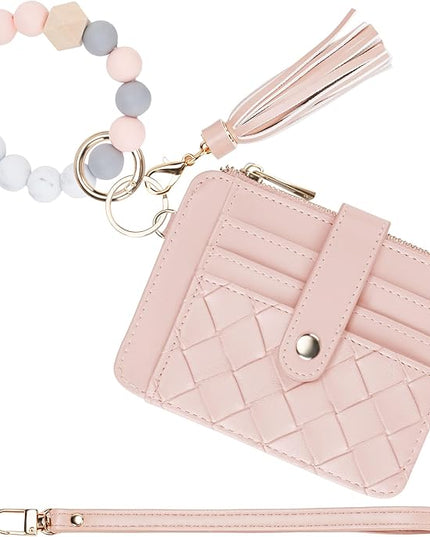Keychain Wallet with Bracelet RFID Blocking Wristlet Credit Purse Card Holder, Silicone Bead Tassel Key Ring for Women