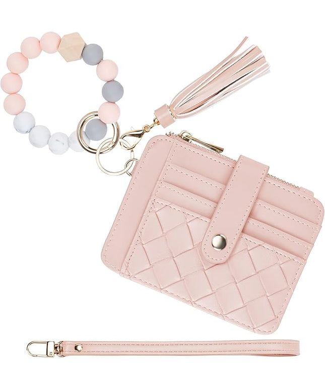 Keychain Wallet with Bracelet RFID Blocking Wristlet Credit Purse Card Holder, Silicone Bead Tassel Key Ring for Women