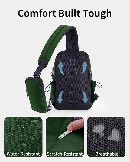 ECOHUB Anti-Theft Crossbody Bag Men Women, RFID Blocking Lightweight Sling Backpack Eco-Friendly with 9 Pockets Sturdy SBS Zippers Water Resistant for Travel Work Hiking Outdoor, Army Green