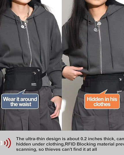 DAITET Money Belt - Passport Holder Secure Hidden Travel Wallet with RFID Blocking, Undercover Fanny Pack (Black)
