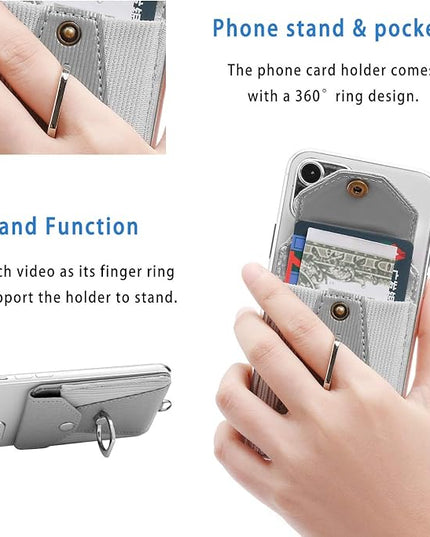 Cell Phone Case, Grey - Slim Wallet with Card Slot, 360 Degree Rotation Ring Stand & Neck Strap, Adhesive Stick-on Credit Card Holder
