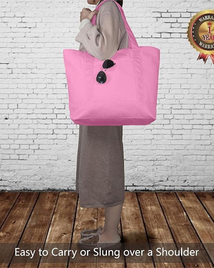 TOPDesign 1-Pack Canvas Tote Bag with an External Pocket, Reusable Grocery Shopping Bag, Top Zipper Closure, Daily Essentials (Pink)