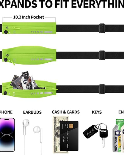 USHAKE Slim Running Belt for Women Men-Runners Phone Holder Fanny Pack, Adjustable, Bounce Free Waist Pouch bag for Workout, Money Belt, Run Gear Accessories Neo Green