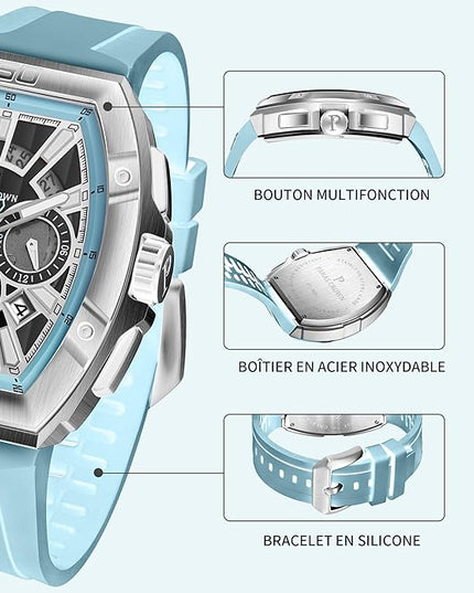 Paras Crown Watches for Men Tonneau 5ATM Waterproof Quartz Luxury Chronograph Analog Men's Wrist Watches Stainless Steel Case Mens Watches