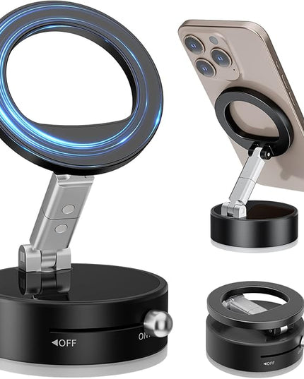 Magnetic Car Phone Holder, Universal 360° Dashboard Suction Cup Mount for Driving, Gym or Office, Foldable Vacuum Phone Holder for iPhone