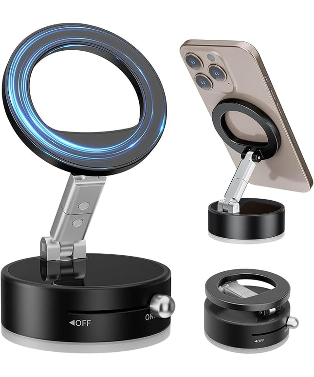 Magnetic Car Phone Holder, Universal 360° Dashboard Suction Cup Mount for Driving, Gym or Office, Foldable Vacuum Phone Holder for iPhone